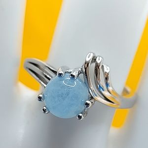 Natural Aquamarine 7mm 14K White Gold on 925 Sterling Silver Ring 6.75‎